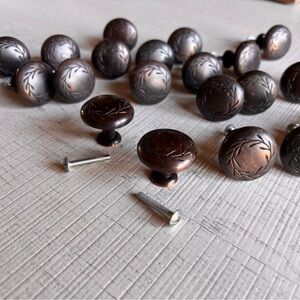 Set of 14 Rubbed Bronze Hardware Knobs with Laurel Leaf Design